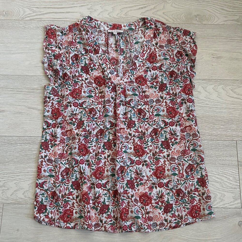 Rose & Thyme Floral Flutter Sleeve V-Neck Rayon Top Blouse